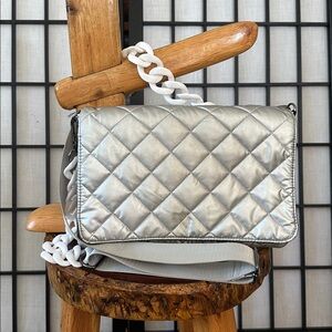 HAUTE SHORE Silver Quilted Medium Crossbody Bag w Large White Chain